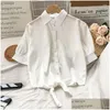 Womens Blouses Shirts Short Sleeve White Chiffon Women Korean Style Turn-Down Collar Lace-Up Button Design Office Lady Tops Drop Deliv Dh49W