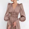 Casual Dresses Year Party Dress Women Elegant Satin Prom Lantern Sleeve A-Line High midje Slim 2024 Lady Ball Evening Clothing