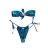 24 Jahre sexy trägerloser Split Bikini Blue Glossy Gold Searfish Badeanzug für Frauen
