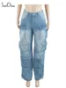 Jeans femininos Soefdoo Multi-Pocket Hole Large Denim Cargo Pants Mulheres outono 2024 Streewear