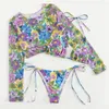 Frauen Badebekleidung Malerei Blumen Bikinis Stringdreieck Sexy Badeanzug Tanga Y2K Print Urlaub Swimwears Trend Frauen 3-teiliger Strandbaden