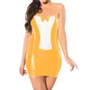 Casual Dresses Women Waitress Sexy Wet Look Strapless Bodycon Dress Glossy PVC Leather French Servant Cosplay Sleeveless Mini Rave Party