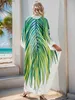 Basic Casual Dresses 2024 Summer Boho Plant Leaf Printed Kaftans For Women Beach Wear Dress Slit Sarong Bathing Suit Plus Size Maxi Dresses Q1588 T240412