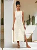 Abiti casual di base Crochet bianco Mesh Sliet Slice Slit Abito da spiaggia 2024 Summer Woman Sexy Hollow Out Maxi Abiti da spiaggia Q1513 T240412