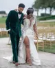 Een schouder met lange mouw trouwjurken met een afneembare trein Sparkly Lace kralen Arabisch Arabisch Aso Ebi High Slit Garden Beach Civil Wedding Bridal Jurk