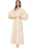 Sıradan elbiseler bahar moda tasarımcısı bej vintage parti elbise kadınlar o boyun uzun kollu frenulum yüksek bel ince a-line