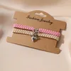 Charm Bracelets HI MAN-Handmade Pink Khaki Heart Pendant Weave Bracelet Gentle Style Couple Jewelry Festival Gift Accessories Two-piece Set