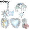 Wostu 925 Sterling Silver Meleting Ice Snowflake قلادة زرقاء Opal Love Heart Rainbow Charm تناسب السوار الأصلي DIY الشتاء هدية