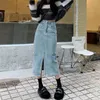 Skirts Spring Women Mid Length Vintage Denim Skirt High Wasit Straight Front Zipper Slit Solid Color Buttons A-line Pencil