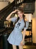 Work Dresses Korejpaa Bow Summer Suit Women Blue Striped Waist Slim Shirt Dress Shorts Two Piece Set 2024 Korean Fashion Woman Clothes