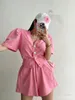 Women's Tracksuits Summer Pink 2 Two Piece Set Women Slim Short Sleeve V-Neck Fashion Ladies Cropped Tops Korean High Waist Woman Wide Leg