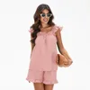 Suisses à parcours pour femmes Femmes Summer 2 Pièces Sans manches Sans manches Soldage Back Sling Vest Couleur Couleur Ruffle Shorts en vrac