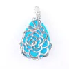 Anhänger Halsketten Blau türkisfarbener Stein Tränenformular -Blumenlegierung Metall Reiki Chakra Charm Amulett Frauen Mann Lucky Schmuck 5pcs TN3465