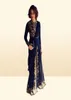 Gold Emboridery Applique Beaded Abaya Dubai Chiffon Kaftan Arabic Prom Gown Black Long Sleeve Front Slit Evening Gown4619030