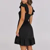 Casual Dresses Women Ruffled Suspender Black Dress Square Neck Sleeveless Backless A Line Layer Pleated Boho Mid Length