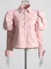Blouses pour femmes ECR Sweet Pink Shirts pour femmes Revers Patchwork Patchwork Pearls Elegant Single Simple Femme Fashion Clothe