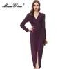 Повседневные платья MoaAyina Spring Masdayer Designer Purple Vintage Party Plore Women v Neck Diamond High талия с ягодицей Slit Slit Long Long