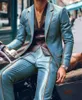 Herenpakken Blazers Men Pakken Slim Fit Blazer Pants 2pcs Set Contrast Trim Notch Rapel PU Lederen Jacket Man Business Casual Prom Suit Moto Style