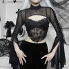 T-shirt féminin Gothic Sexy Lace Mesh évasé Long Slve Smock Y2K Vintage Black S à travers les cuites T-shirts GRUNG SUMME FEMMES STRTWEAR 1 T240415