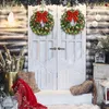 Decorative Flowers Christmas Door Decor Wreaths Battery Powered 40CM Ornaments Realistic Plastic With Red Bow Light Up For Home Party