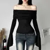 Y2K Eesthetic Simple Fashion Womens Tee Shirts Slash Neck Long Sleeve Solid Casual T-Shirts Vintage Off Shoulder Trendy Tshirts 240411