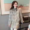 Werkjurken plaid wollen pakken dames winter dikke korte bont kraag lagen hoge taille mini rok tweedelen vrouwelijke sets