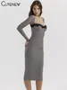 Robes décontractées patchwork mignon robe maxi solide femme mode concise en maille longue manche carrée gaine vestidos femelle streetwear élégant