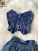 Singreiny American Retro Sweet Denim Set Women Women Elastic senza spalline cintura Y2K Top Mini Pantskirt Stampa di moda Due pezzi Suit 240412