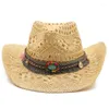 Beretti Paglie di cowboy Western Cappello da cowboy a mano Made Beach Felf Sunhats Party Cap per uomo Curling Brim Sun Protection Cappelli unisex