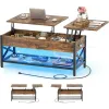 Mesa de café, mesa de café de elevação com armazenamento, tomada de luz LED e compartimento oculto, quadro de metal