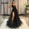 Robes de fête élégante robe de bal noir sexy deux pièces V cou un coudre latérale plissé à fente longue robe de soirée fille personnalisée fille