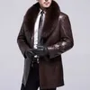 キツネの毛皮の襟のターンダウンカラー男性本革ジャケット長いカジュアルシングル胸肉コート冬の固体ゆるい男性オーバーコート