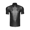 Men's Casual Shirts Chest Pocket Decoration Shirt Stylish Faux Leather Performance With Turn-down Collar For Nightclub