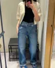 Женские джинсы наклонные талию дизайн двухцветной высокой прямой ноги промытый хлопковой асимметричный пояс и кольцо свободной версии