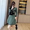 Casual Dresses Vintage Printed Knitted Sweater Dress Women Long Sleeve Buttons Slim Short A-line Female Sexy Office Mini