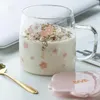 Vinglas Cherry Glass Cup med Cover Spoon Blossom Pattern Transparent Creative Fresh Cute Girl Heart Portable Sports Outdoor