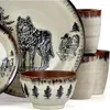 Plates Elama Round Stoare Cabin Dinnerware Dish Set 16 Piece Wolf Design With Warm Taupe And Brown Accents