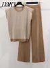 Kvinnors tvåbitar byxor jxmyy 2024 Summer Simple Retro Loose Sleeveless Knitted Cameltop Wide Leg Two-Piece Set for Women