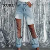 Женские джинсы Xuru - Европейская и американская цепь с большой дырой, висящая прямая длина K1-3286