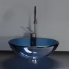 42cm Round Tempered Glass Sink Blue Bathroom Washbasin Hotel Balcony Countertop Art Basin Transparent Bowl Basin With Drain Sets