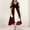 Frauen Kleid Vneck Spitzenverkleidung Kragen Faux Pearls Dekor halbe Ärmel Patch -Farbe Fake 2 Pieces Midi Plus Size 240411