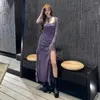 Casual Dresses Sexy Ruffles Party Club Black Purple Dress Fashion Vestidos Women Long Sleeve High Slit Mesh Bodycon