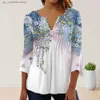 Blouses-shirts voor dames print geplooide tuniek shirt v-neck 3/4 Slve Buttons Half placket losse zoom vrouwen t-shirt zomer bloemen 1 T240415