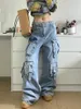 Automne Winter Ladies Cargo Jeans American Street Style Baggy Pantals Femmes Blue Multipocket large June large pour 240403