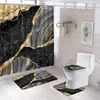 Duschvorhänge schwarzer Marmorvorhang und Teppich Set luxuriöser goldener strukturierter Kunsthänge -Toilettensitz Cover Badezimmerdekoration