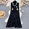 Casual Dresses Formal Lapel Pocket Embroidered Knit Long Sleeved Single Breasted A-line Dress 2024 Elegant Slim Bodycon Office Sweater