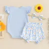 衣料品セット幼児の子供の女の子3pcs夏の服装袖のロンパーボウフロントショーツヘッドバンドセット生まれ
