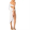 Robes décontractées Femmes High Slit Fit Bodycon Bandage Midi Summer Robe Sovel Evence Stom Fashion Fashion One épaule à manches longues