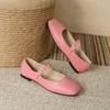 Casual Shoes Spring Autumn Pink Leather Mary Janes Flat Woman Square Toe Ankle Belt Lolita Female Ballet Flats Plus Size 43 44