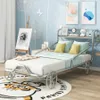 Cama de metal de metal de tamaño gemelo en forma de automóvil con cuatro ruedas, barandillas y estante de marco en forma de X, adecuado para dormitorio de niños, plata